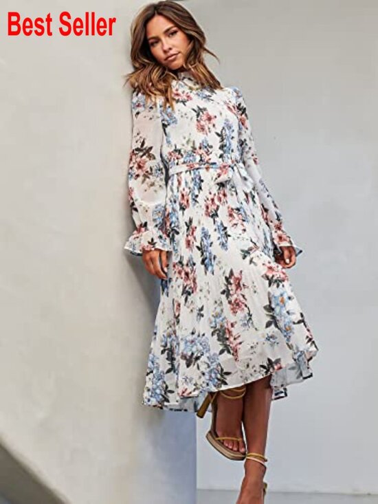 Chiffon Midi Dress with Long Sleeves and Mock Neck for Wedding Guest - Picture 5 of 7